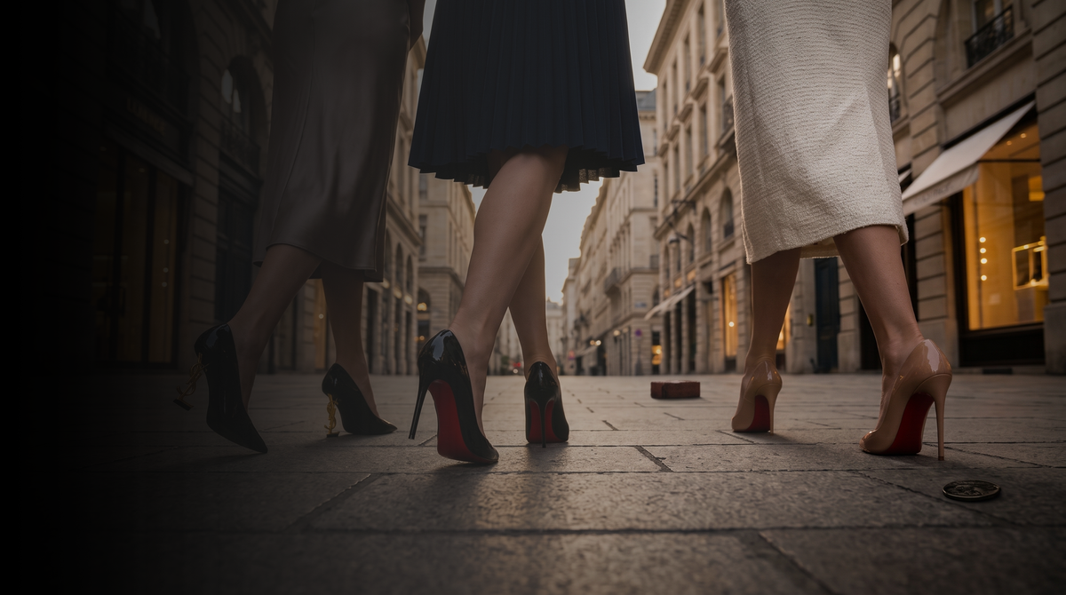 Three women walking in high heels on a European street